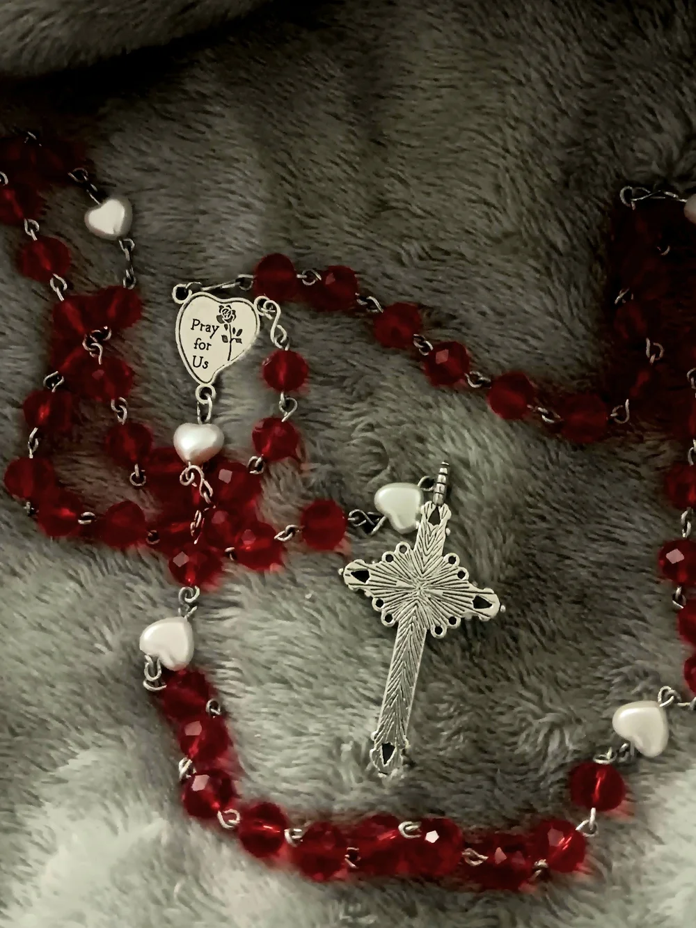 Red Heart Rosary with Silver Crucifix - Women's Jewelry